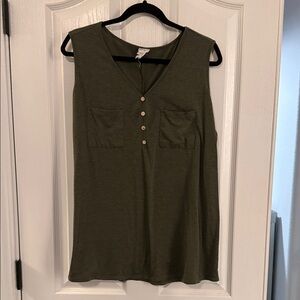 Olive green tank top with front pockets.